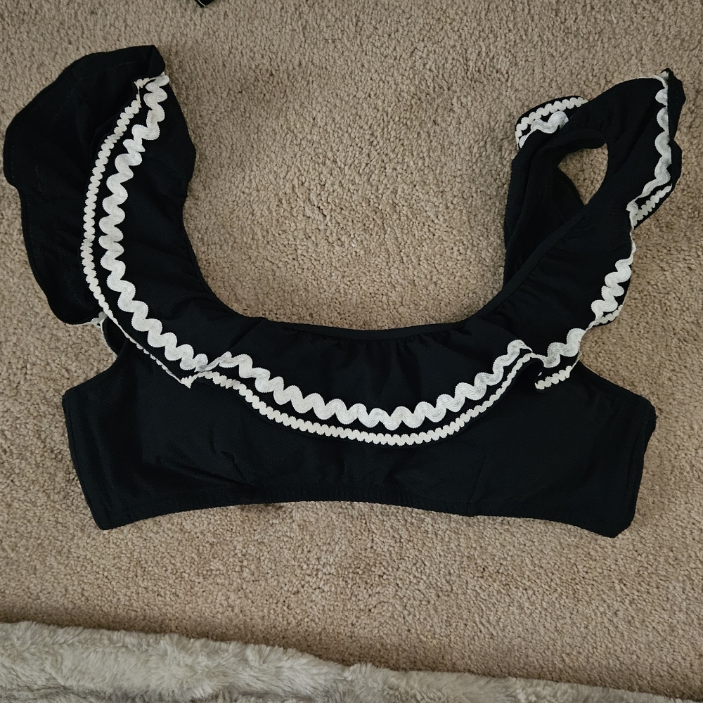 J. Crew Navy Ruffle Bikini Top with White Ric Rac In Pique